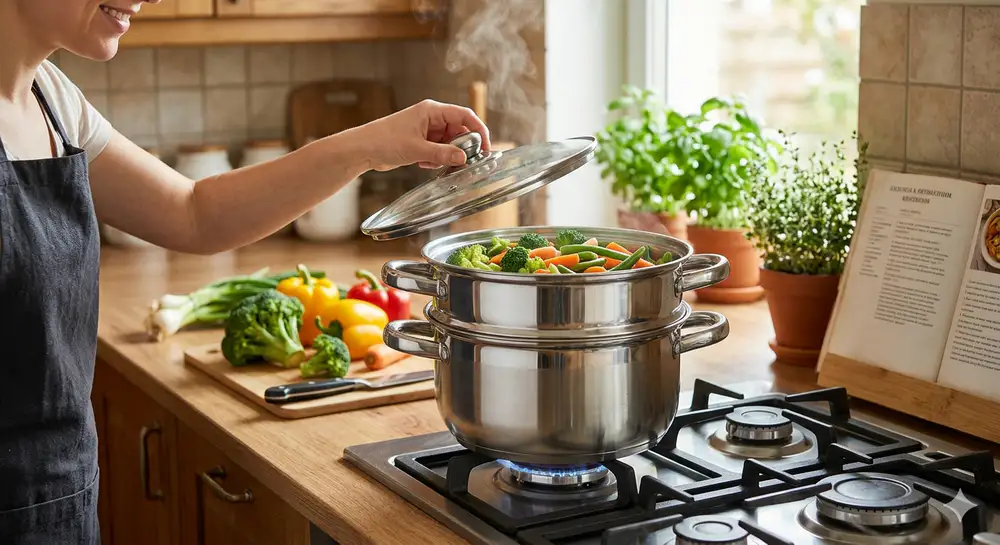 Пароварка для плиты из нержавеющей стали на кухонной плите